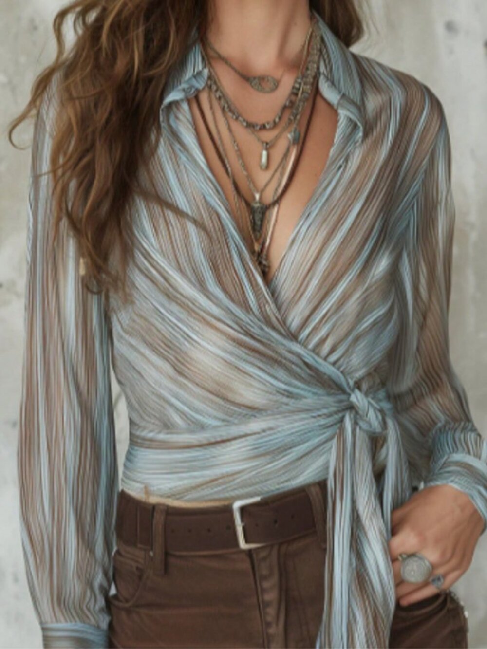 Blue Casual Women's Elegant Side Tie Striped Long Sleeve Blouse